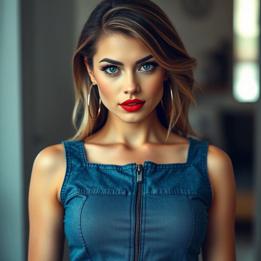 A photorealistic image of a 20-year-old woman with beautiful blue-green eyes highlighted by long, fluttery eyelashes