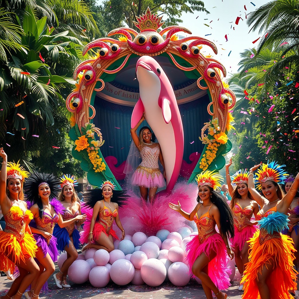 A vibrant and colorful carnival scene showcasing a grand float inspired by the enchanting waters of the Amazon, surrounded by lush greenery