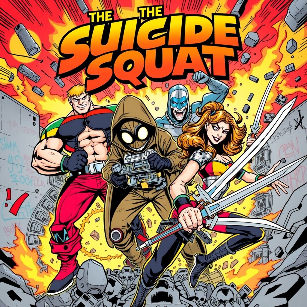 A vibrant comic book cover featuring an eclectic group of anti-heroes in dynamic poses, inspired by a fictional team called 'The Suicide Squat'