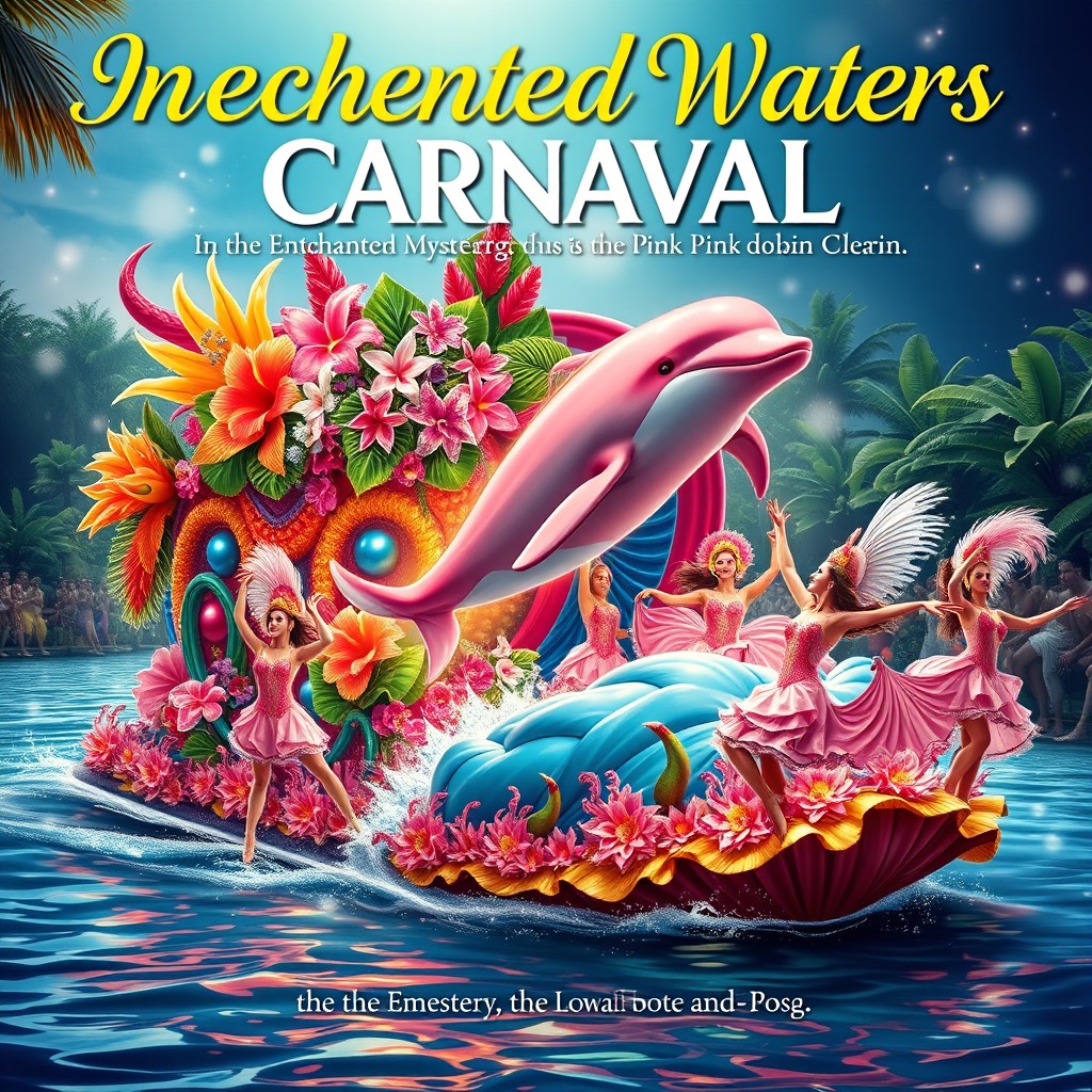 A dazzling carnival cover design celebrating the theme 'In the Enchanted Waters, the Love and Mystery of the Pink River Dolphin'