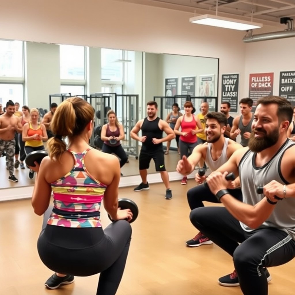 An engaging and energetic gym class scene titled 'The Suicide Squat', showcasing a diverse group of fitness enthusiasts performing squats in a bright, well-equipped gym