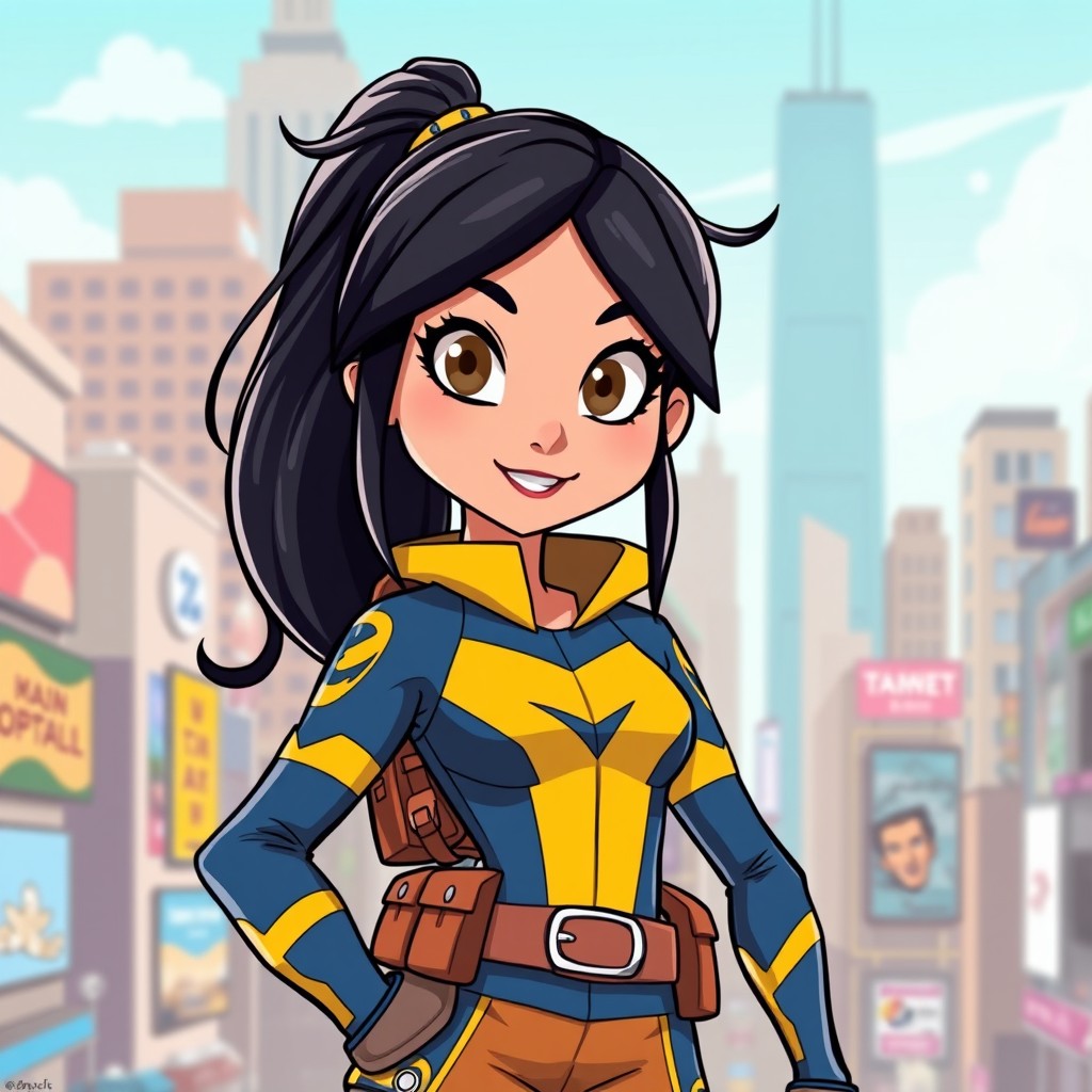 A stylized portrait of Penny Parker, a young and inventive superhero with an energetic demeanor