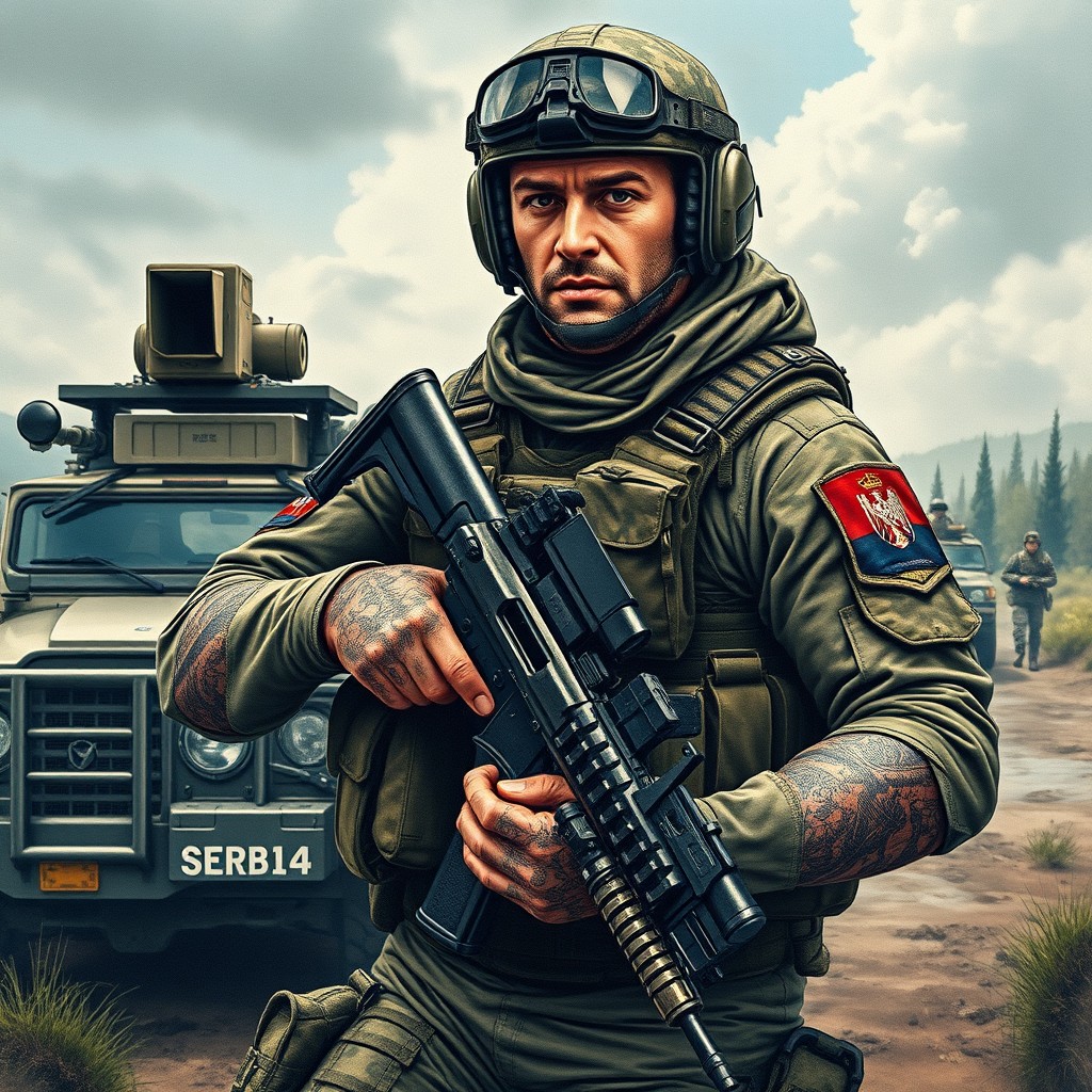 A highly detailed tattoo of a special forces soldier in action, showcasing intricate designs of military gear, featuring elements of Serbia's flag incorporated into the soldier's attire