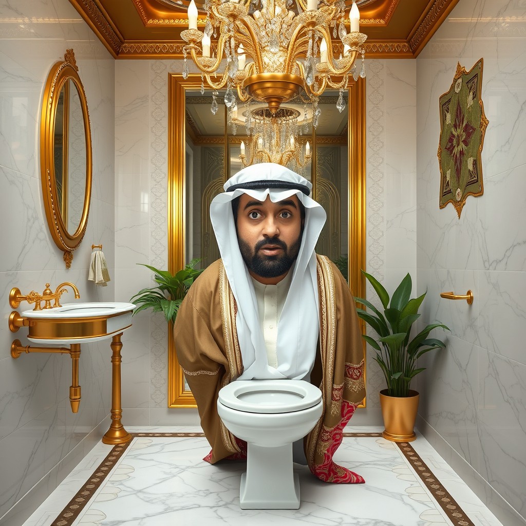 A whimsical scene featuring a toilet with an Arab Sheikh's head popping out of it, showcasing his traditional attire including a white headscarf and an ornate, colorful thobe