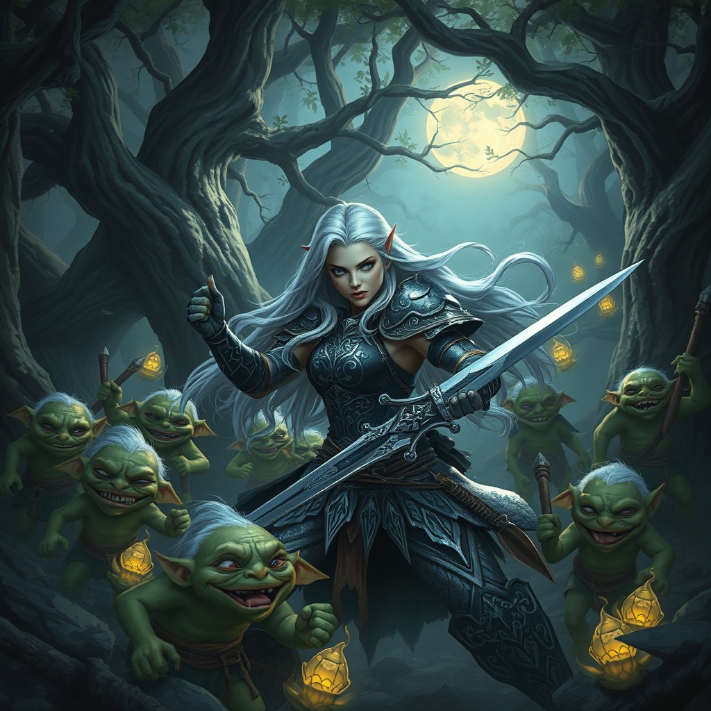 A fantasy scene depicting Eula, a determined and brave female warrior with long flowing silver hair and icy blue eyes, caught in an ambush by a group of mischievous goblins