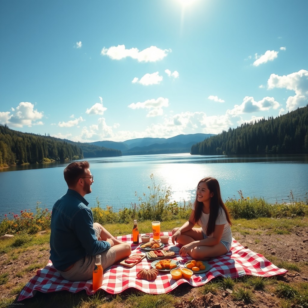 A serene and beautiful landscape featuring a tranquil lake surrounded by lush forests under a bright blue sky with soft fluffy clouds