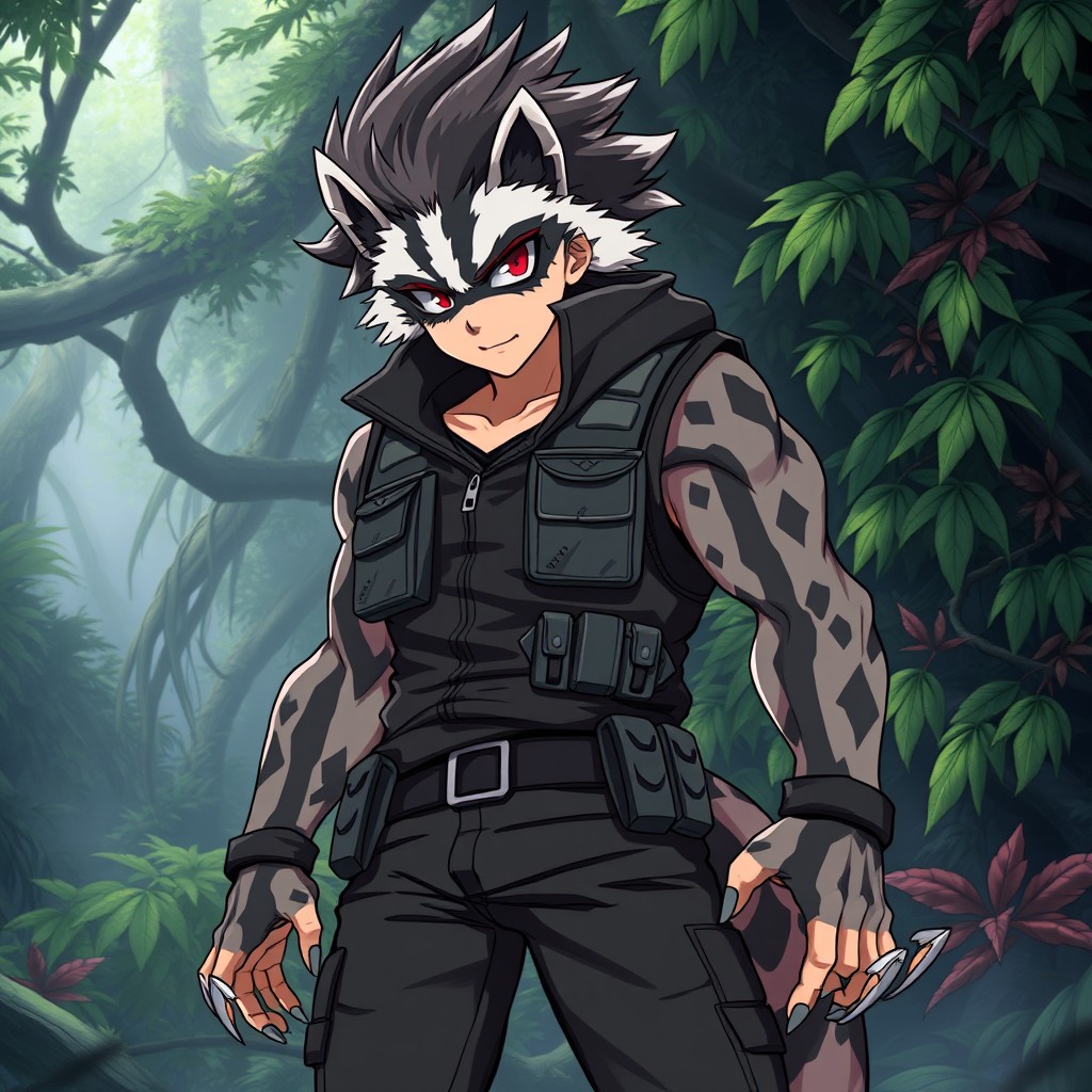 A male anime character inspired by a honey badger, featuring gray and black fur patterns, fierce eyes, and an edgy demeanor