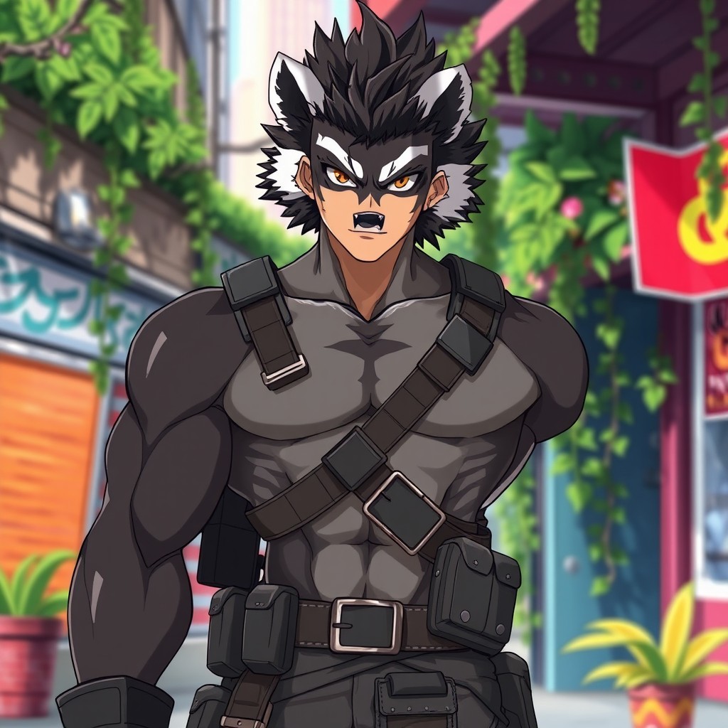A male anime character embodying the fierce and resilient qualities of a honey badger, featuring a muscular build and distinctive gray and black markings across his skin