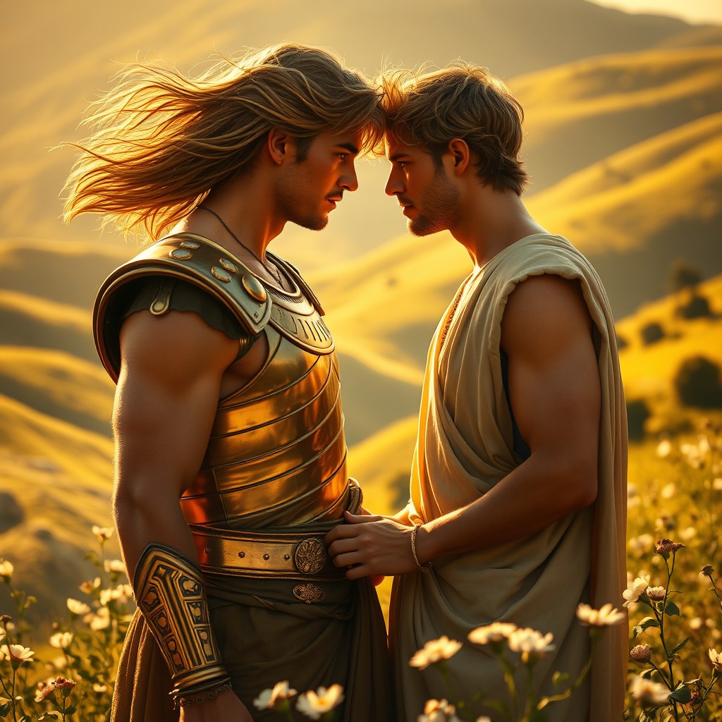 A romantic and intimate scene depicting the love of Achilles and Patroclus, set in ancient Greece