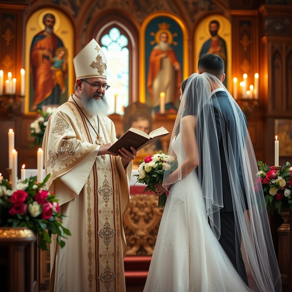 A beautiful and intimate scene inside an Orthodox church, featuring an Orthodox priest in traditional vestments, including a jeweled pectoral cross, giving a marriage blessing to a couple