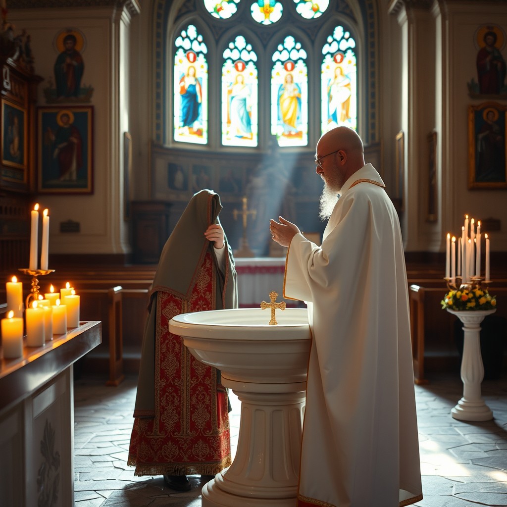 An Orthodox priest in full traditional vestments, standing at the baptismal font, gracefully giving the blessing of baptism