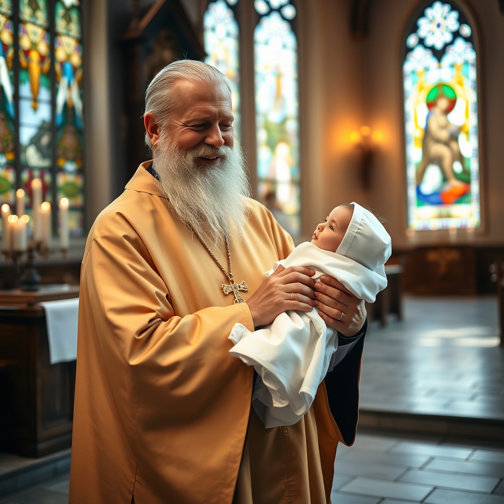 An Orthodox priest in traditional robes, performing a baptismal blessing, standing in a serene church setting