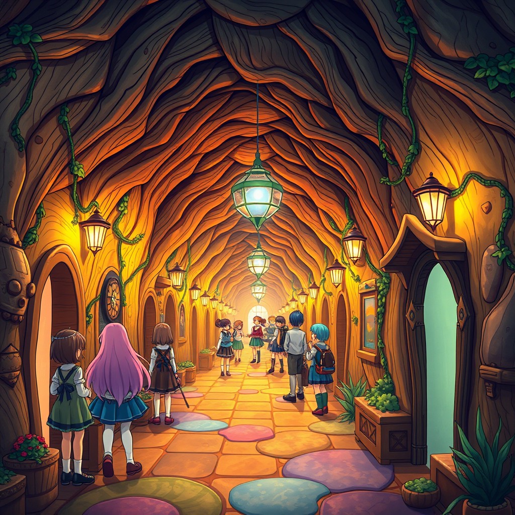 A vibrant fantasy world inside a school corridor styled like Gacha Club, filled with colorful characters interacting with each other