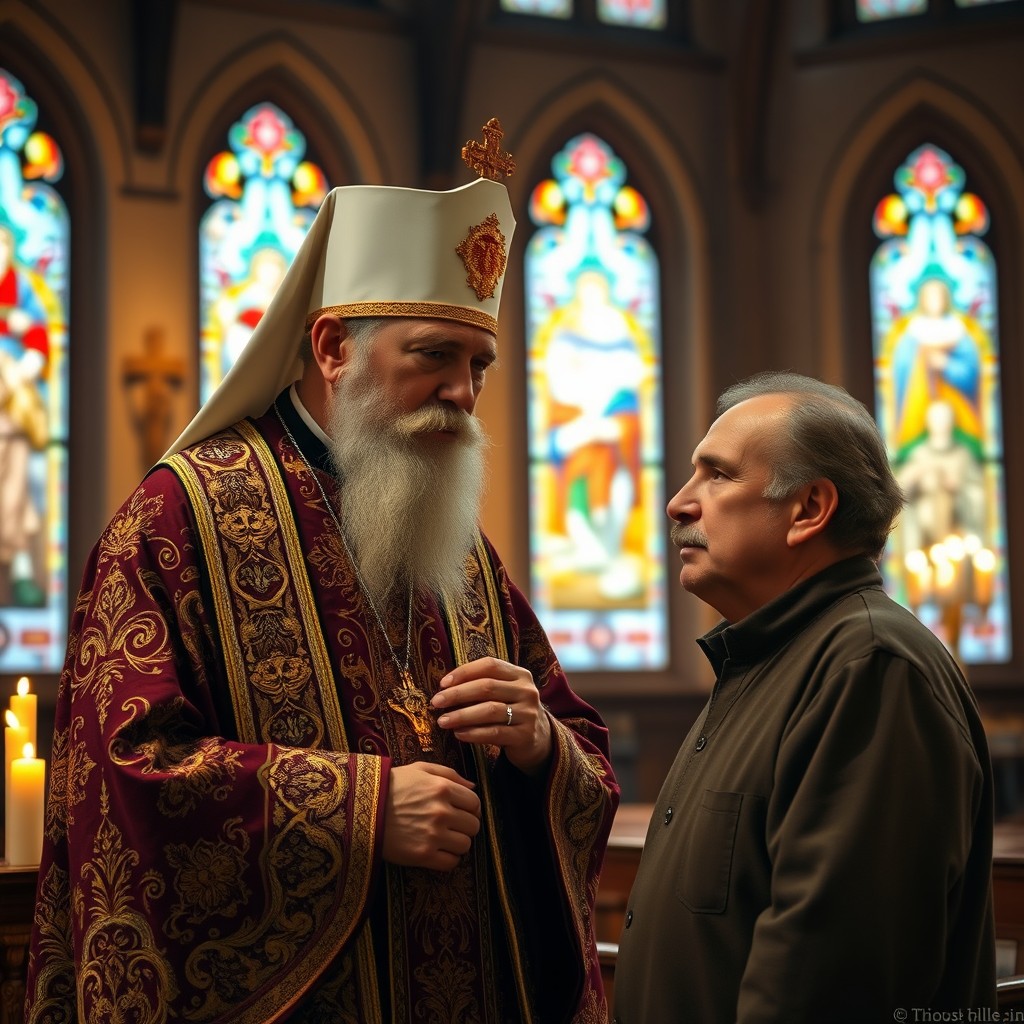 An Orthodox priest, dressed in ornate traditional robes with a rich color palette, stands in a softly lit, candle-filled church