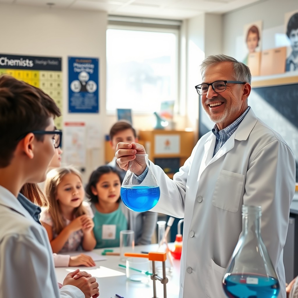 A chemistry teacher enthusiastically demonstrating a colorful chemical reaction in a modern classroom filled with lab equipment