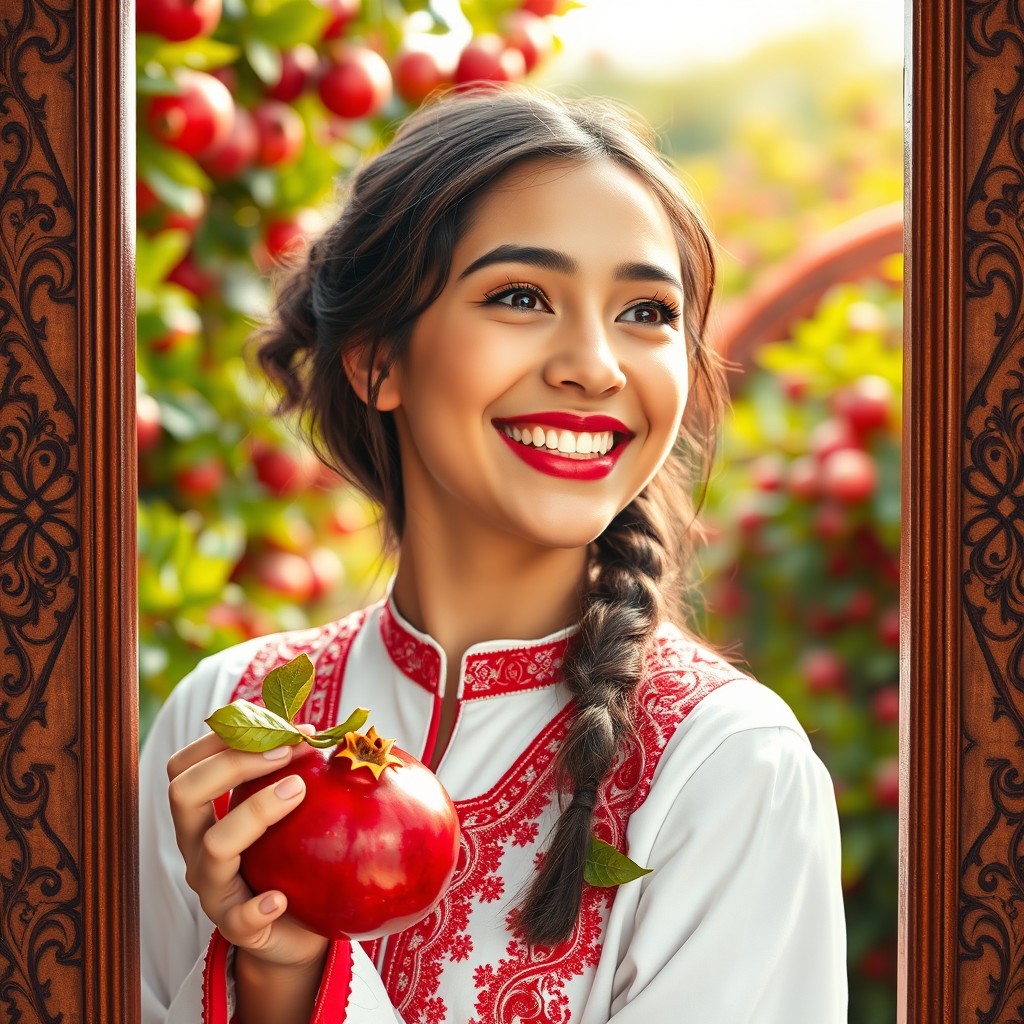 A stunningly beautiful girl, joyfully smiling with her teeth visible, holding a pomegranate in one hand