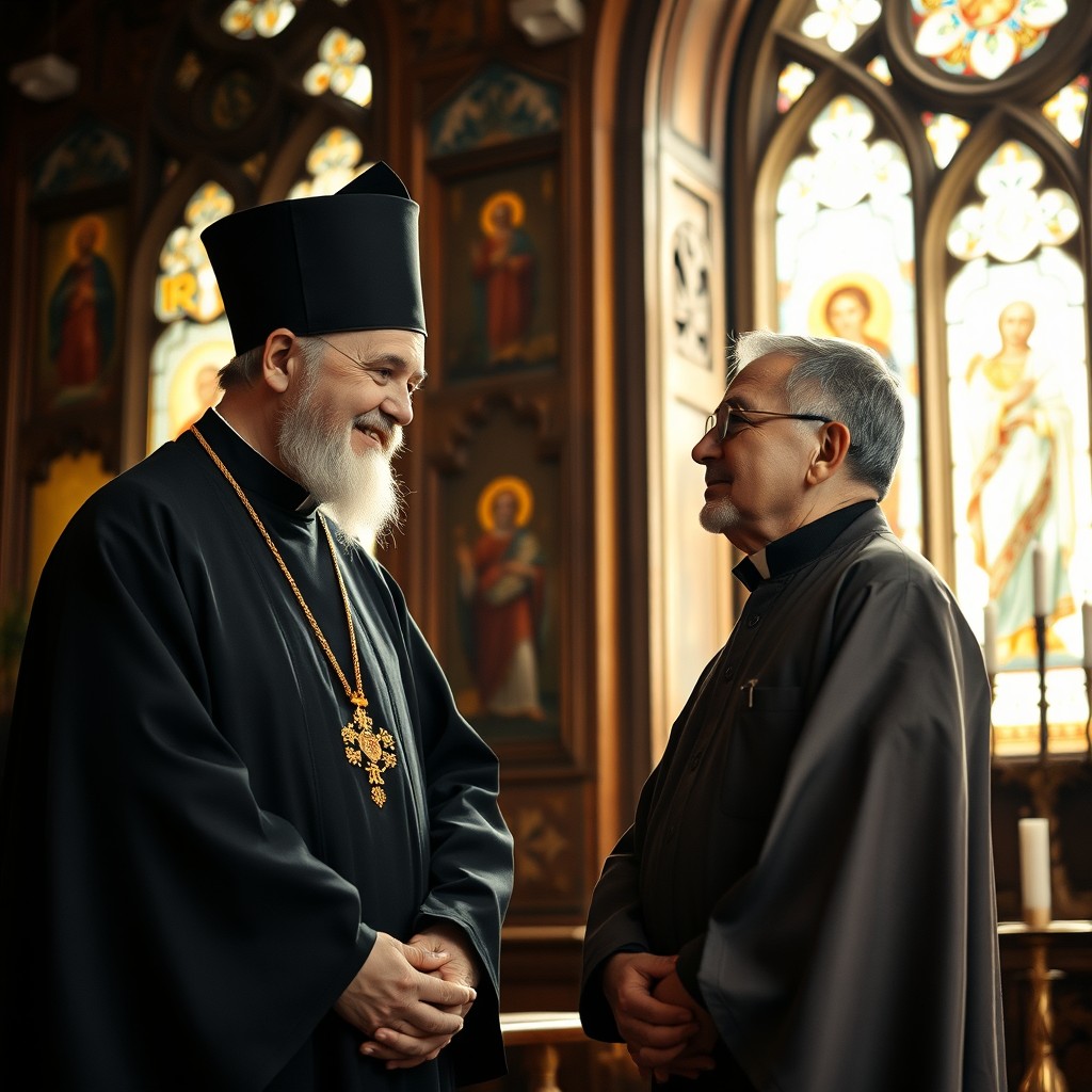 An Orthodox priest in traditional black clerical attire, complete with a distinctive pectoral cross and a high black hat, standing within an ornate church interior filled with beautiful religious icons