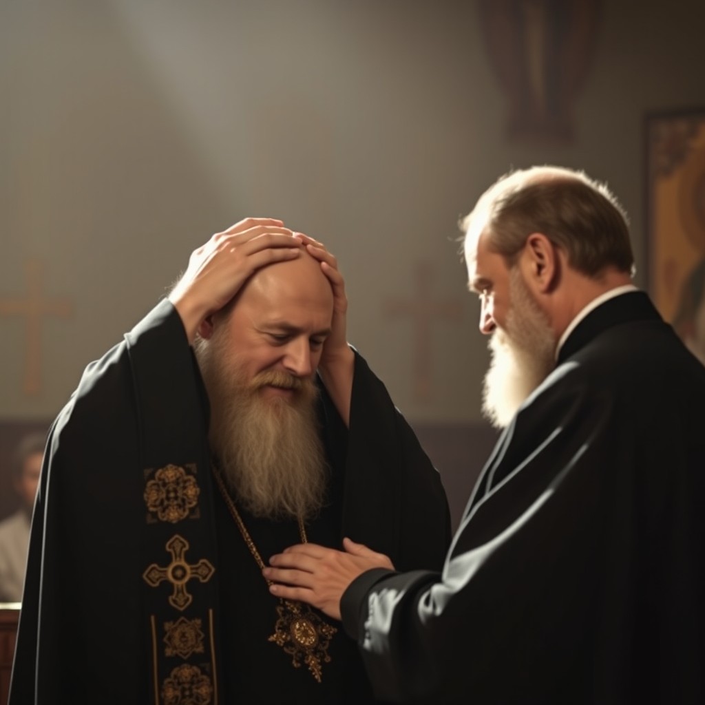 An Orthodox priest in traditional black robes with gold accents stands in a serene setting, giving the blessing of forgiveness to a man