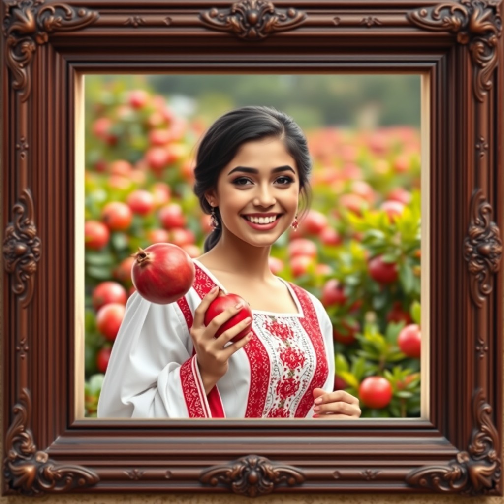 A stunningly beautiful girl with a slightly curvier build, joyfully smiling with her teeth visible, holding a pomegranate in one hand