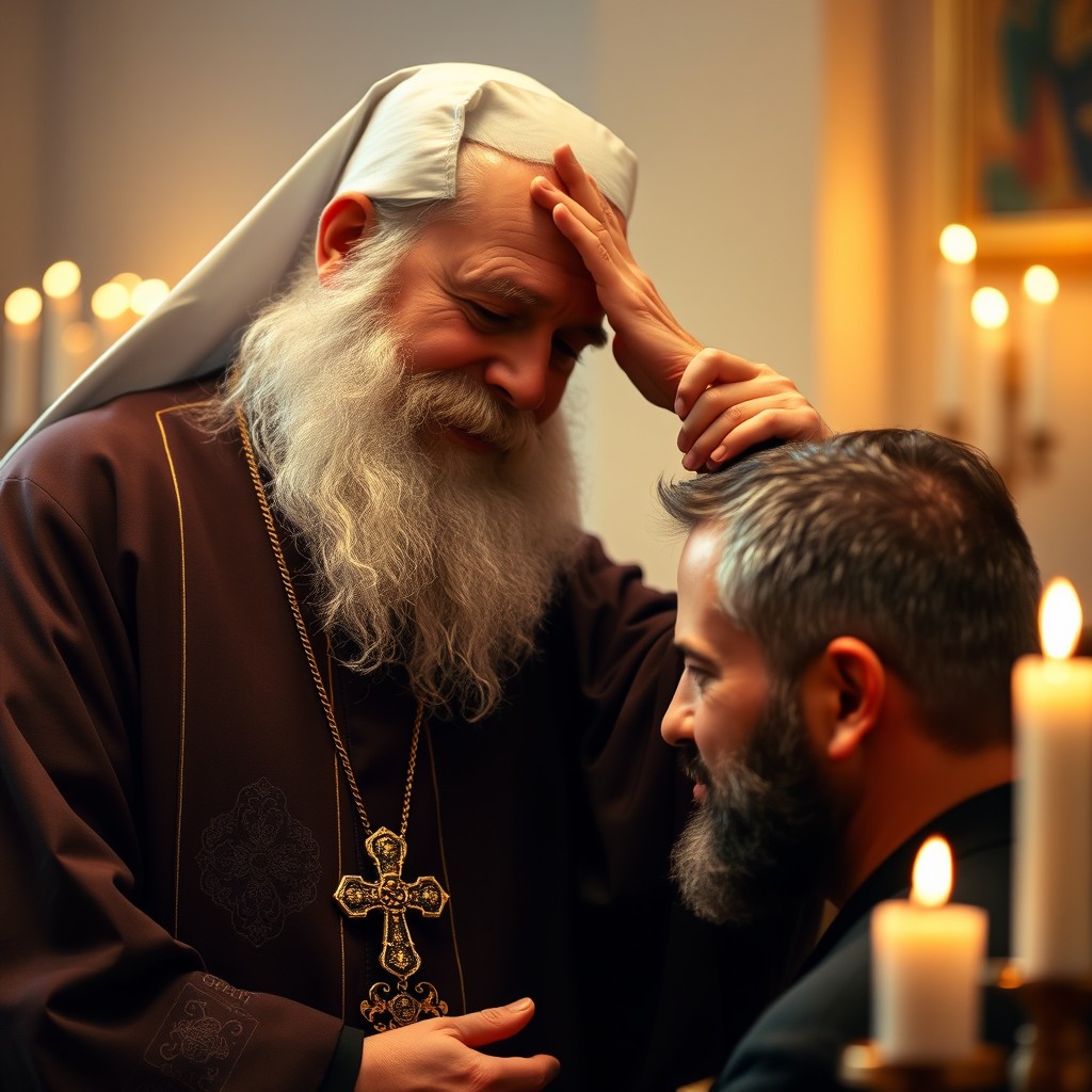 An Orthodox priest in traditional robes, with a long beard and an ornate cross, gently placing his hand on the head of a man in a moment of deep spiritual connection