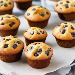 A traditional muffin generously dotted with rich chocolate chips, fresh out from the oven, with a golden brown, perfectly risen top.