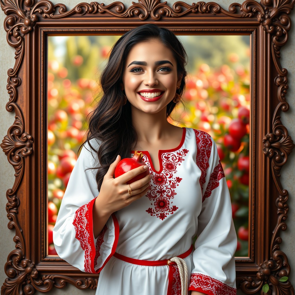 A stunningly beautiful girl with a slightly curvier build and fair skin, joyfully smiling with her teeth visible, holding a pomegranate in one hand
