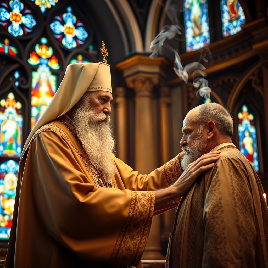 An Orthodox priest in traditional vestments, giving a blessing of forgiveness to a man