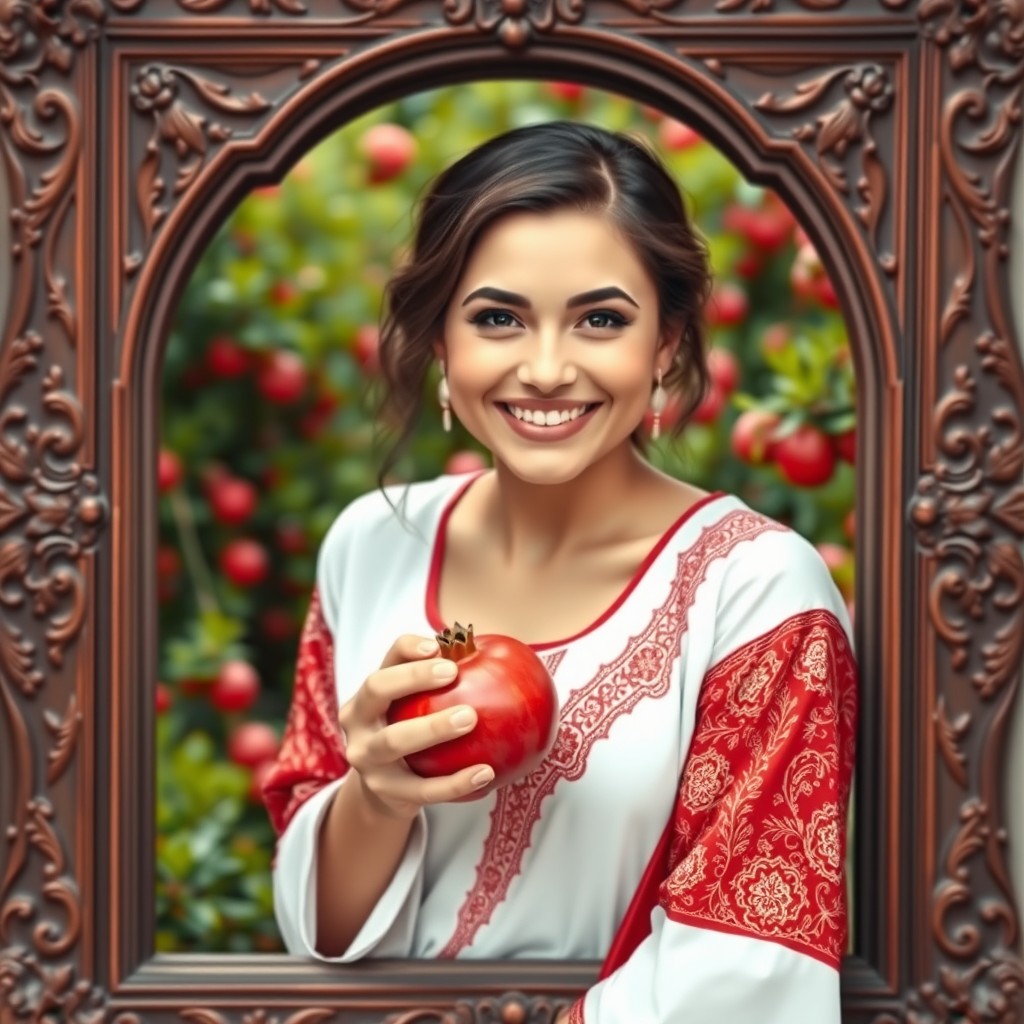 A stunningly beautiful girl with a slightly curvier build and fair skin, joyfully smiling with her teeth partially visible, holding a pomegranate in one hand