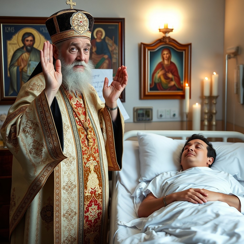 An Orthodox priest in full vestments, including a richly embroidered robe and a distinctive hat, stands beside a sick man lying on a hospital bed