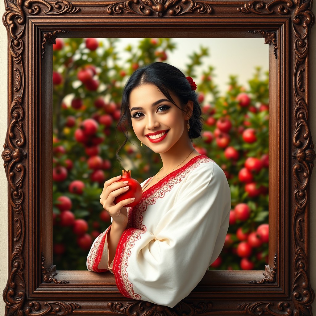 A stunningly beautiful girl with a slightly curvier build and fair skin, joyfully smiling with her teeth visible, holding a pomegranate in one hand