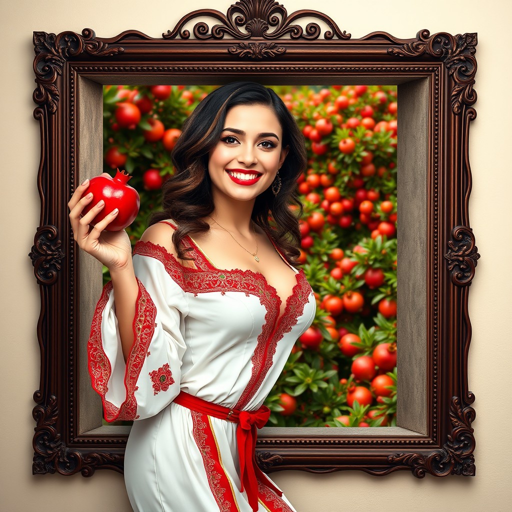 A stunningly beautiful girl with a slightly curvier build and fair skin, joyfully smiling with her teeth visible, holding a pomegranate in one hand