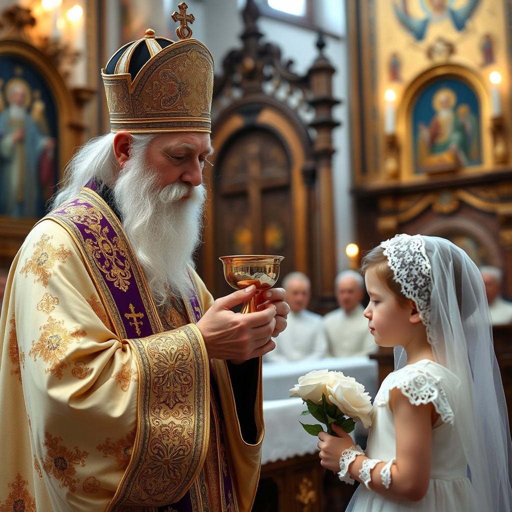 An Orthodox priest in traditional ecclesiastical attire performing a solemn blessing during communion