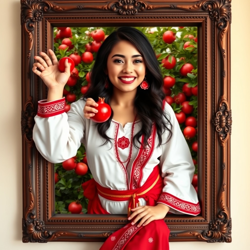 A stunningly beautiful girl with a slightly curvier build, fair skin, and a joyful expression, smiling with her teeth visible while holding a pomegranate in one hand