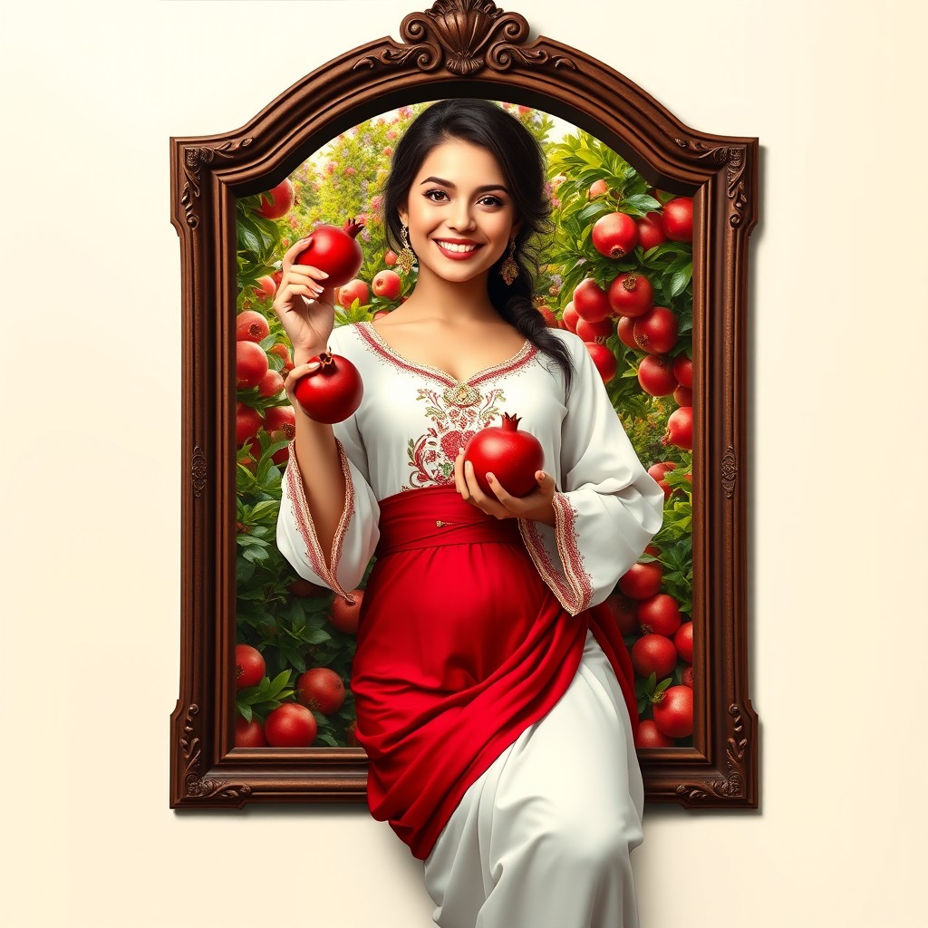 A stunningly beautiful girl with a slightly curvier build, fair skin, and a joyful expression, smiling brightly with her teeth visible while holding a pomegranate in one hand
