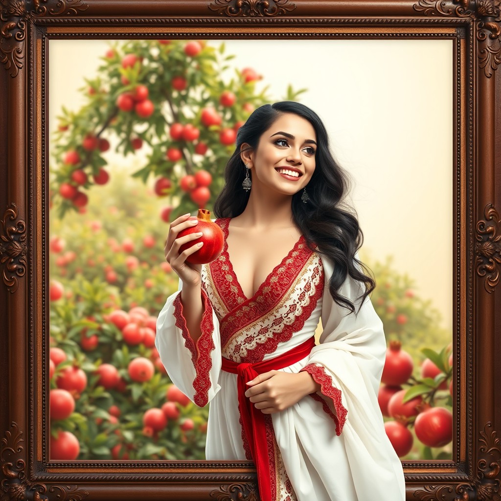 A stunningly beautiful girl with a slightly curvier build and fair skin, joyfully smiling with her teeth visible while holding a pomegranate in one hand