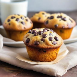 A traditional muffin generously dotted with rich chocolate chips, fresh out from the oven, with a golden brown, perfectly risen top.