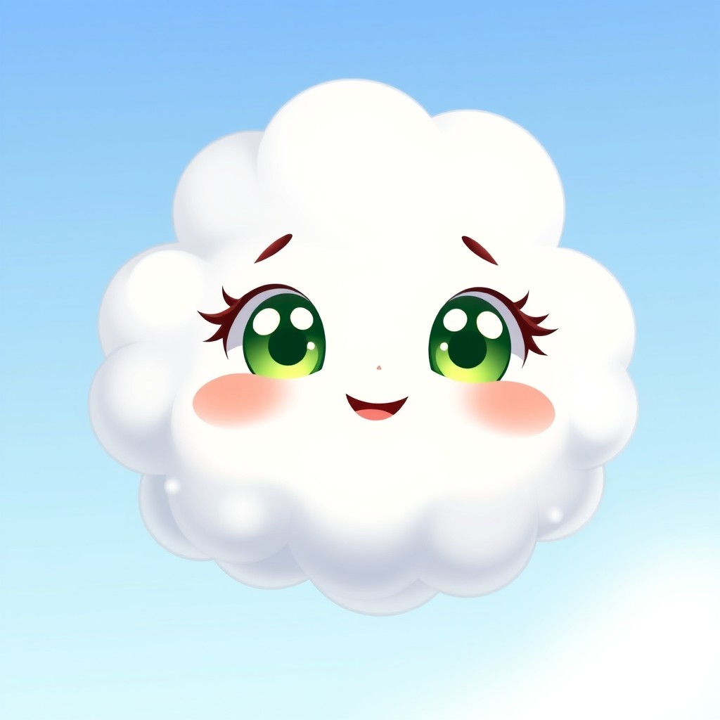 An anime-style cloud character with an adorable, soft appearance, featuring big, captivating green eyes and bright red lips that are smiling joyfully