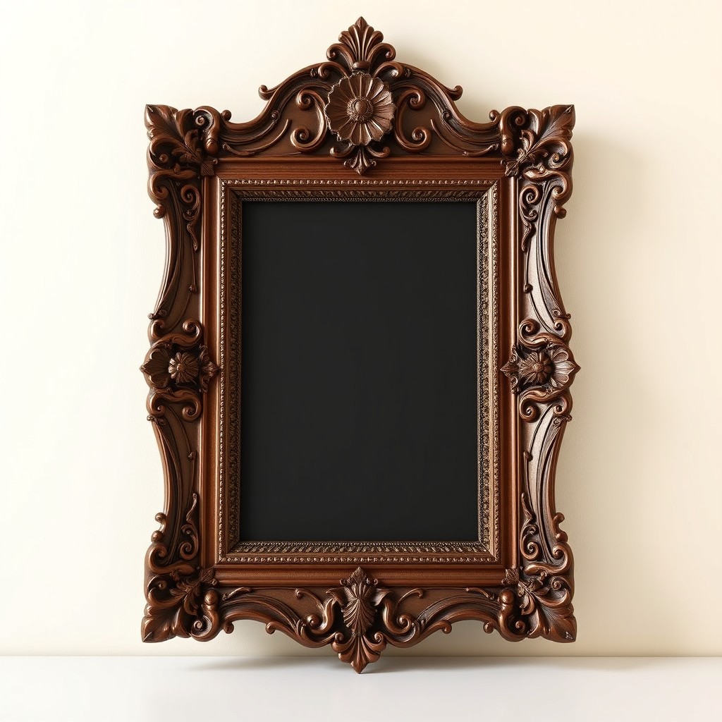 A tall, elegant picture frame with ornate design and intricate details, crafted in a royal brown color that exudes a sense of grandeur