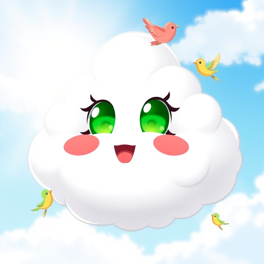 A cute anime-style cloud character with vibrant green eyes and oversized red lips, displaying a cheerful smile