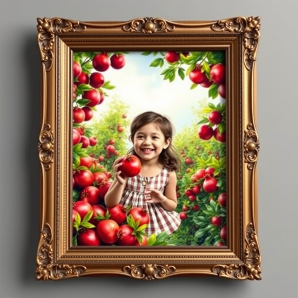 A tall, elegant picture frame containing a vibrant and lush pomegranate garden as the background