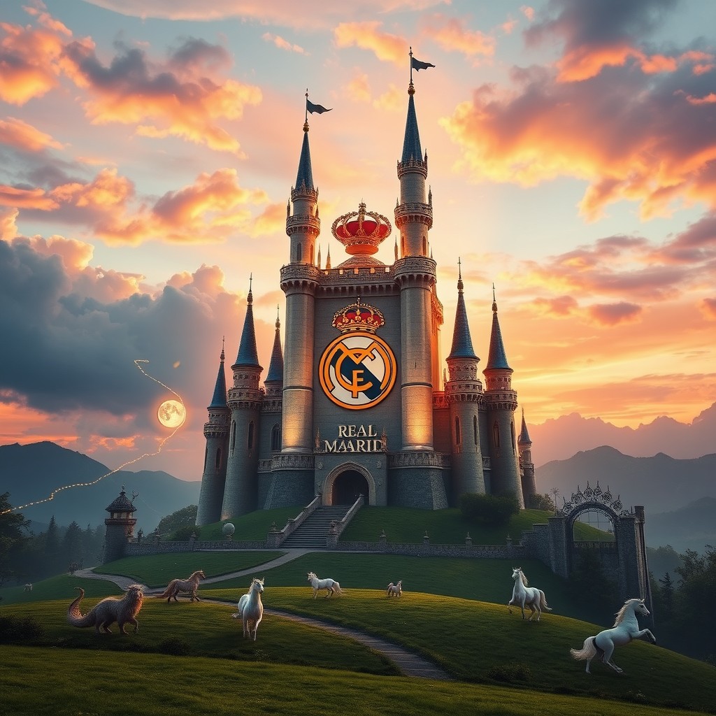 A fantastical landscape featuring a majestic castle inspired by the Real Madrid logo, set against a vibrant sunset sky