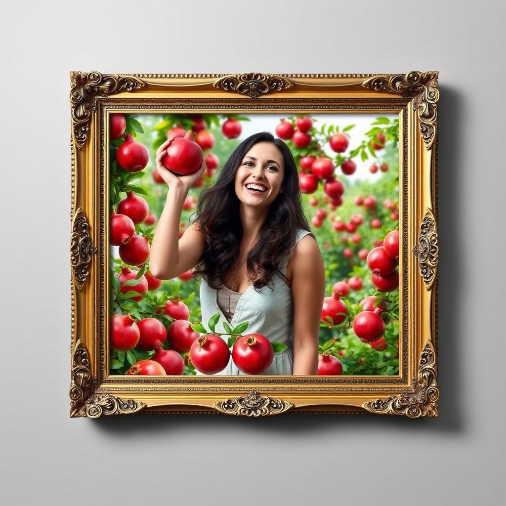 A tall, elegant picture frame containing a vibrant and lush pomegranate garden in full bloom as the background