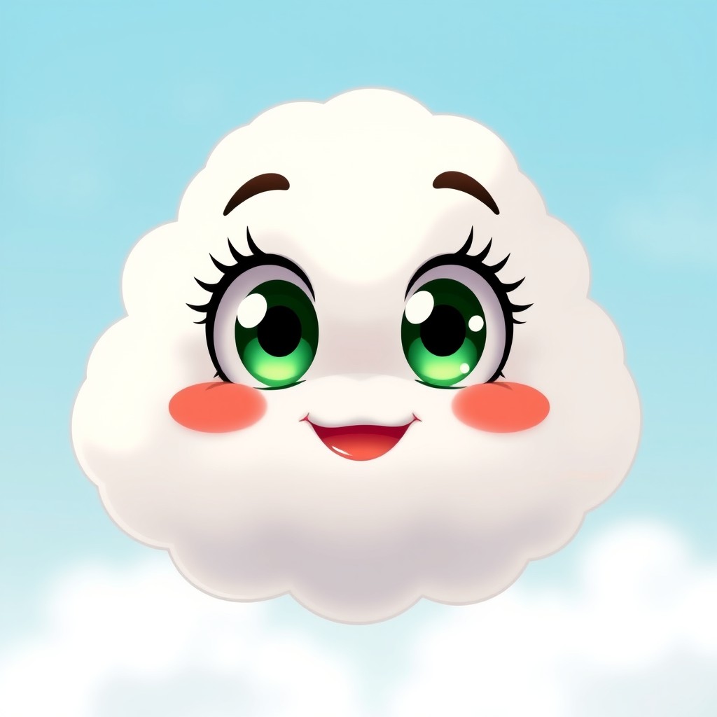An anime-style cloud character with a fluffy, whimsical form, featuring large, deep green eyes full of life and mischief