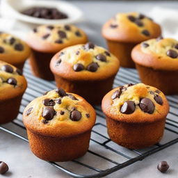 A traditional muffin generously dotted with rich chocolate chips, fresh out from the oven, with a golden brown, perfectly risen top.