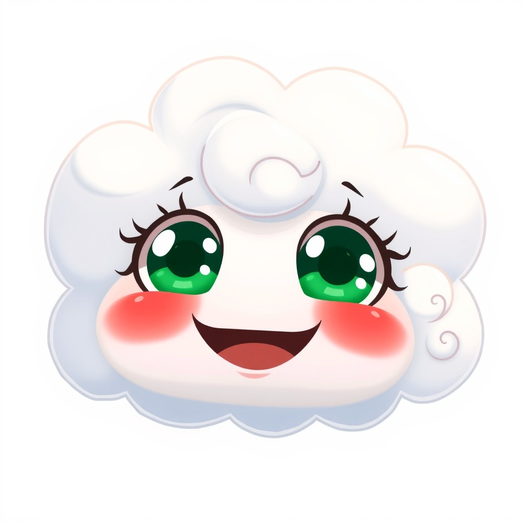 A whimsical anime-style cloud character with large, deep green eyes that sparkle with joy