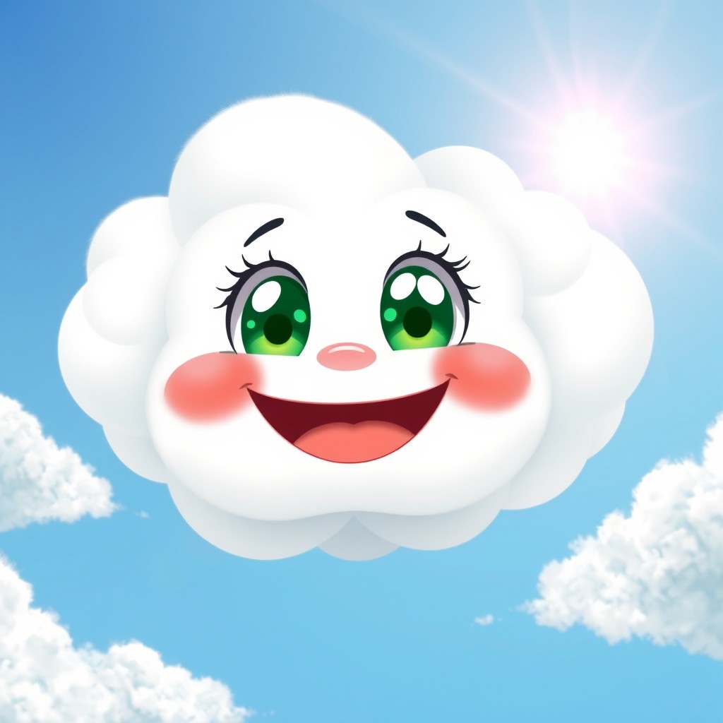 An anime-style cloud character, floating gracefully in a bright blue sky
