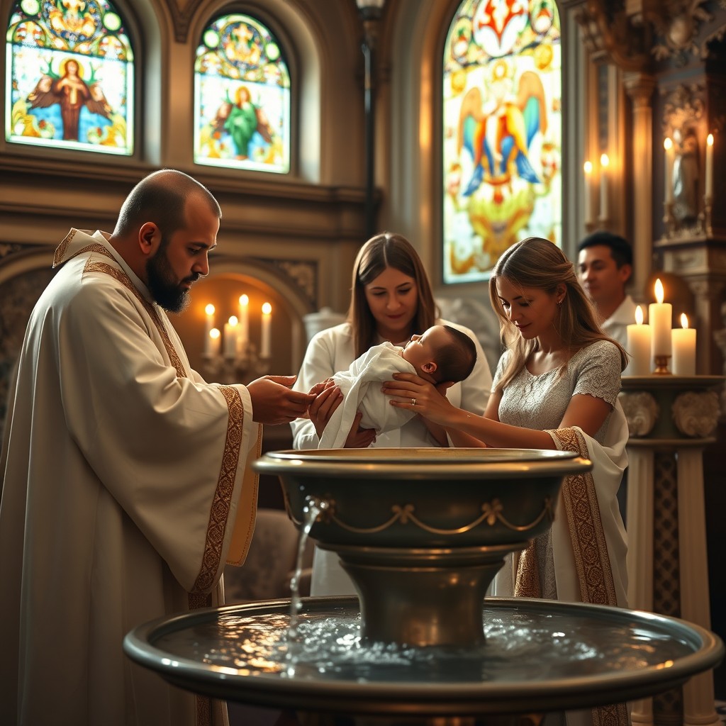 A beautiful orthozoks baptism scene, featuring a serene church interior with ornate decorations, soft candlelight illuminating the space