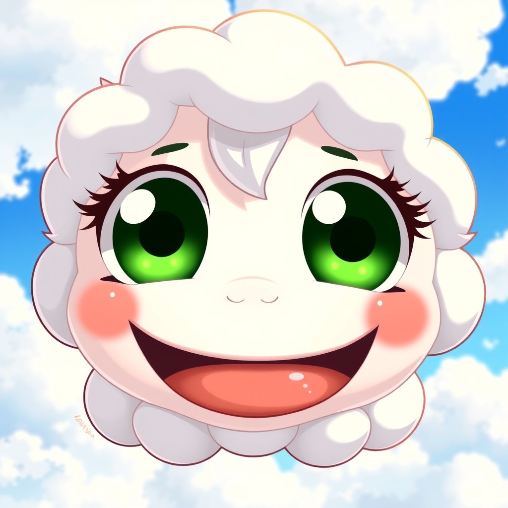 An anime-style cloud character with big, deep green eyes and a cheerful expression