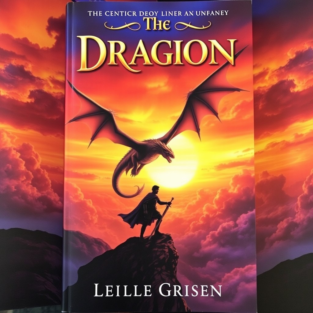 A captivating book cover for a fantasy novel, featuring a majestic dragon soaring through a vibrant sunset sky, with mystical clouds swirling around