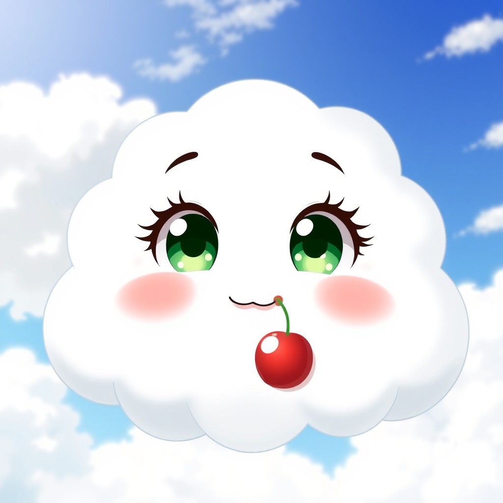 An anime-style cloud character with a cute, puffy shape, big deep green eyes sparkling with joy, and a mouth adorned with plump red cherry lips creating a playful kissing expression